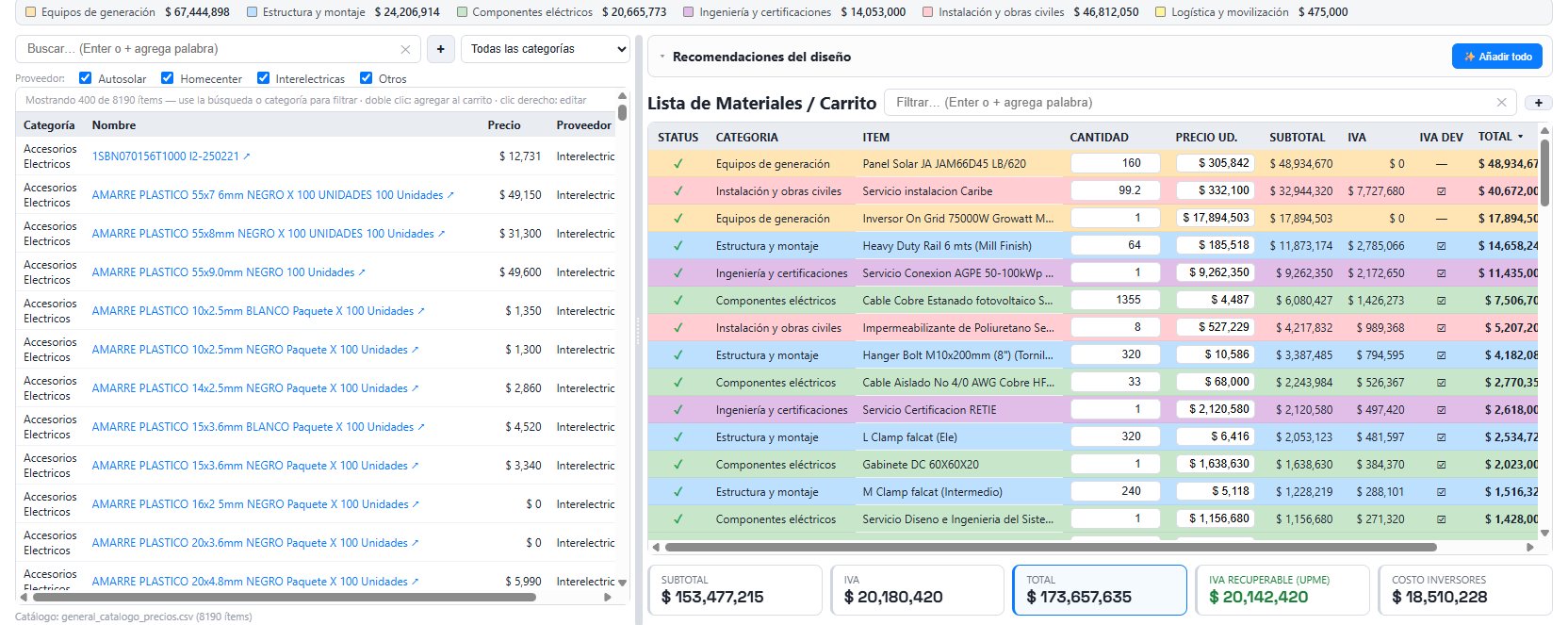 BOM Builder de Solar Wizard: catálogo de proveedores con precios y la lista de materiales del proyecto con subtotal, IVA y total