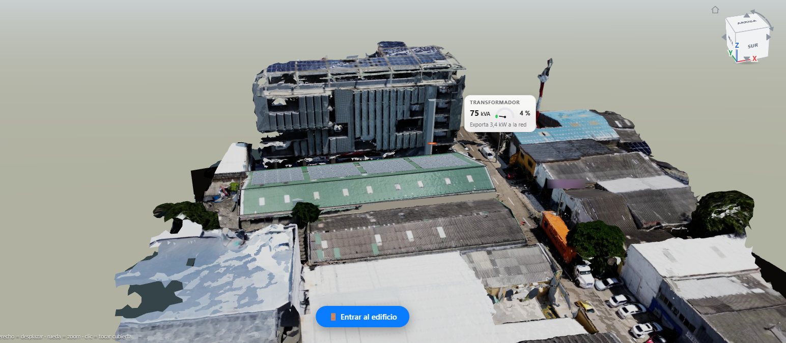Vista 3D de Solar Wizard: la nave y las manzanas vecinas reconstruidas a partir del vuelo del dron
