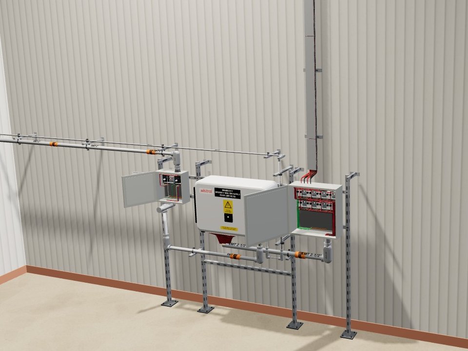Render interior: inversor y cajas de protección sobre su rack, con la tubería que llega desde la cubierta