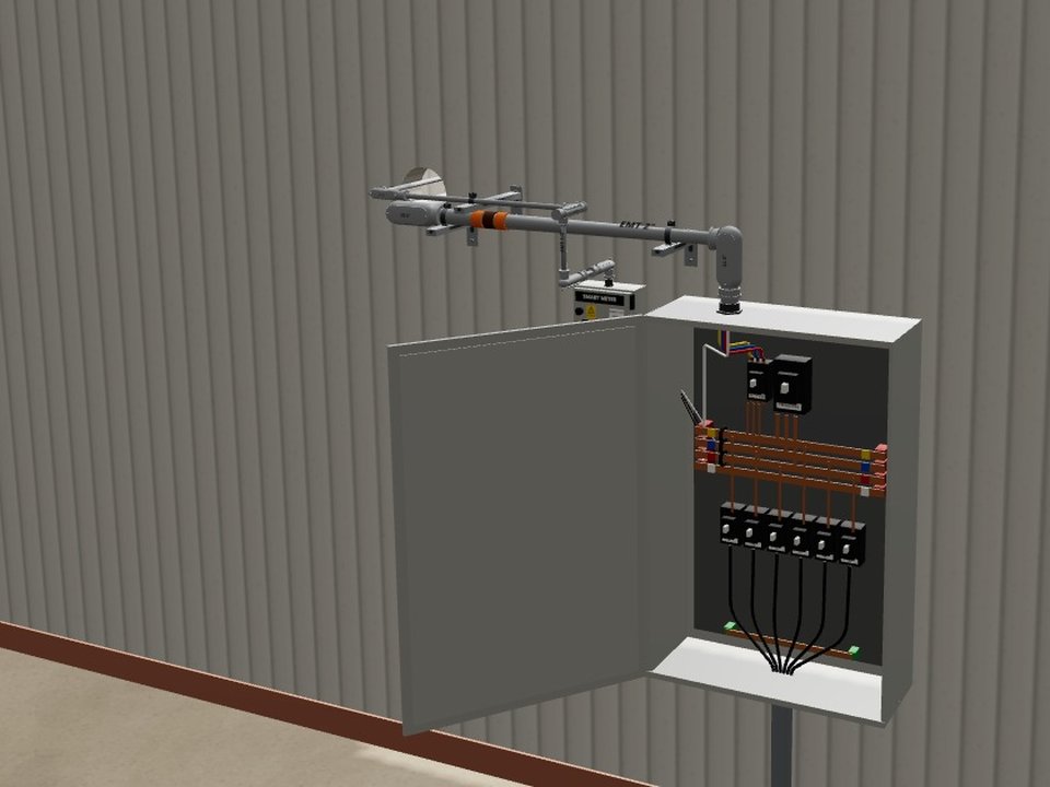 Render interior: tablero general abierto con sus breakers, barraje y cableado